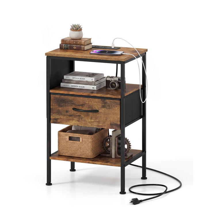 GIANTEX 24.5" Nightstand with Charging Station &amp; 1 Fabric Drawer (1/2)