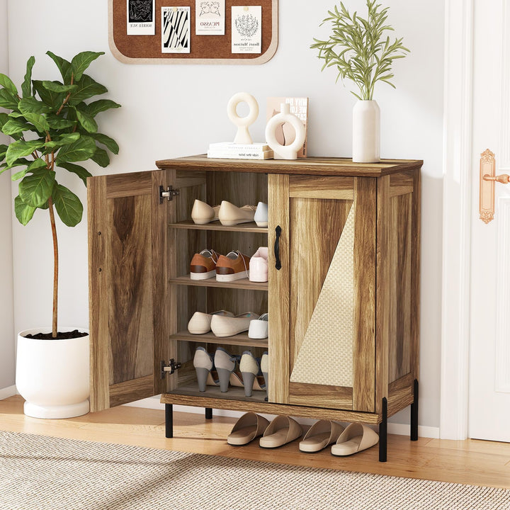 Giantex 5-Tier Farmhouse Shoe Storage Cabinet with Woven Rattan Doors,
