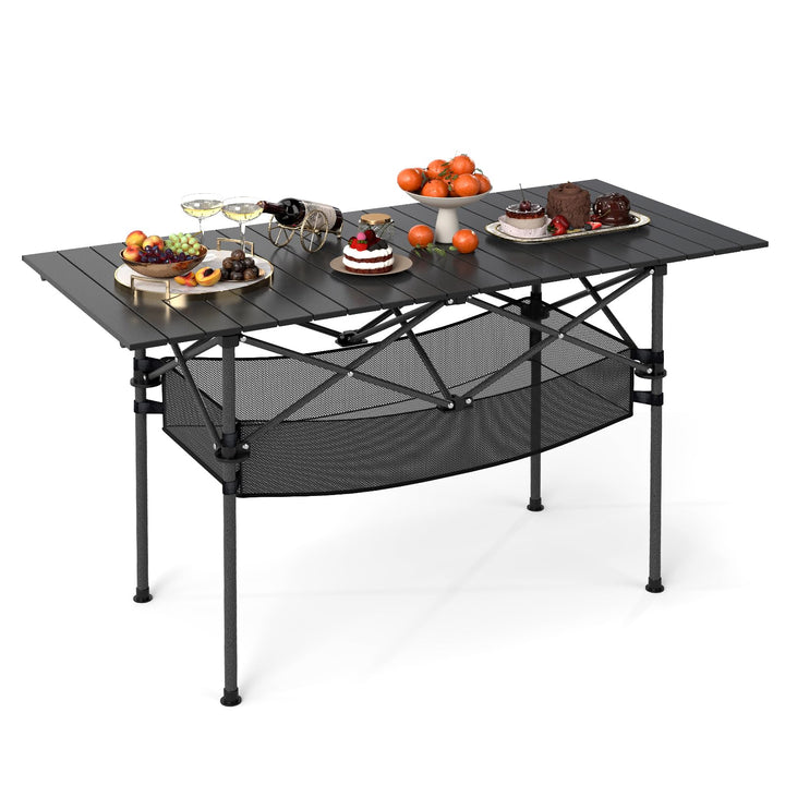 Giantex Folding Camping Table Portable Picnic Table w/Aluminum Roll-up Tabletop &amp; Mesh Basket