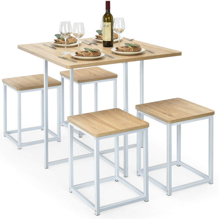 5 Piece Dining Table Set, Dining Set for 4 with Square Stools, Walnut &amp; Black