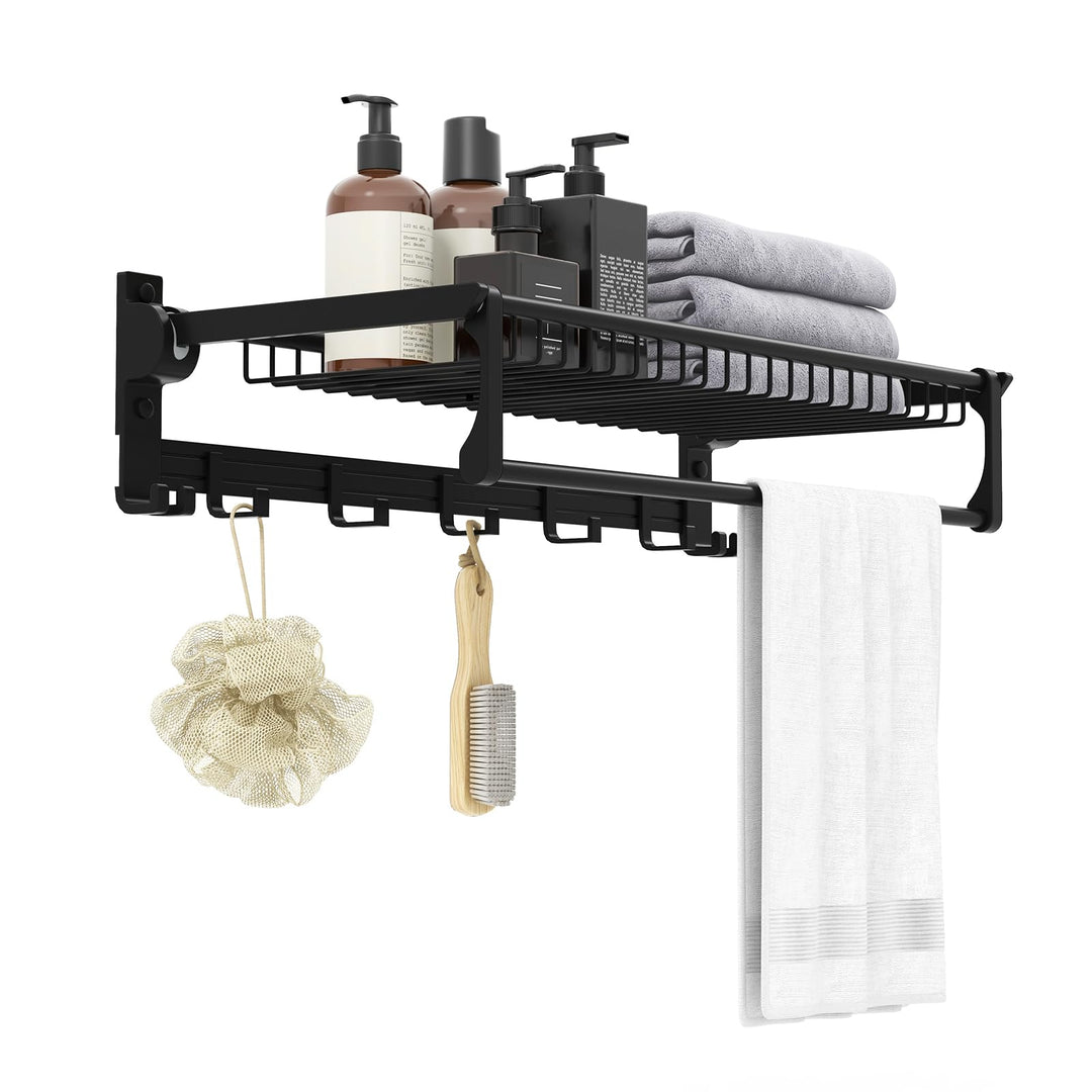 Giantex Foldable Towel Rack for Bathroom, Wall Mounted Towel Holder Organizer w/ 1 Basket, 1 Towel Bar &amp; 5 Sliding Hooks