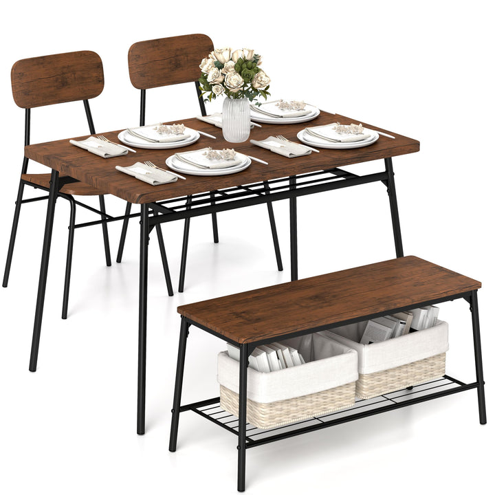Giantex Dining Table Set for 4, Kitchen Table with Bench &amp; 2 Chairs, Storage &amp; Metal Frame