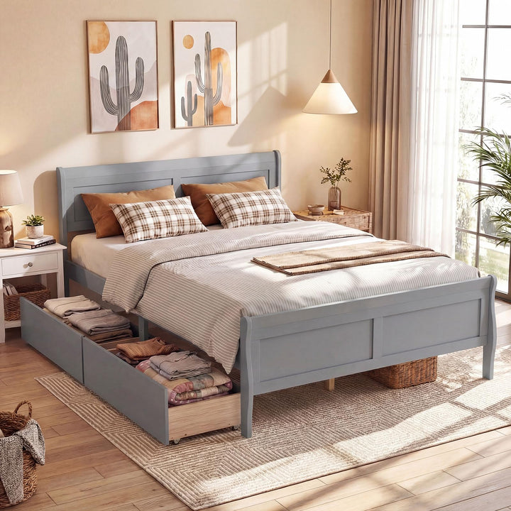 Giantex Twin/ Full/ Queen Bed with 2 Storage Drawers Wood Platform Bed with Headboard &amp; Footboard