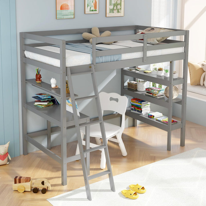 Giantex Loft Bed with Desk &amp; Bookshelves