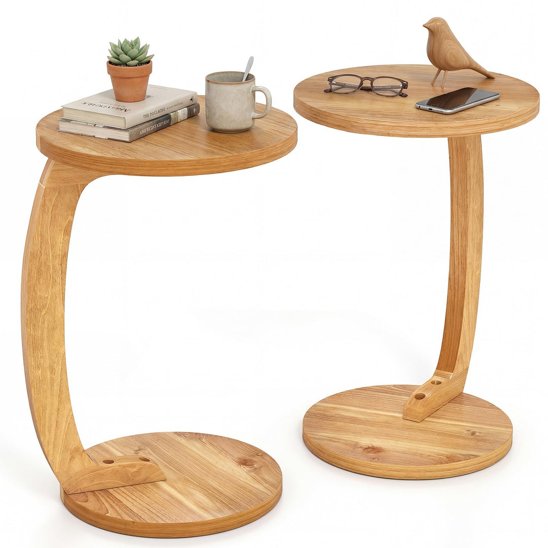 Giantex C-Shaped Round Side Table Set of 1/2 24" Solid Teak Wood