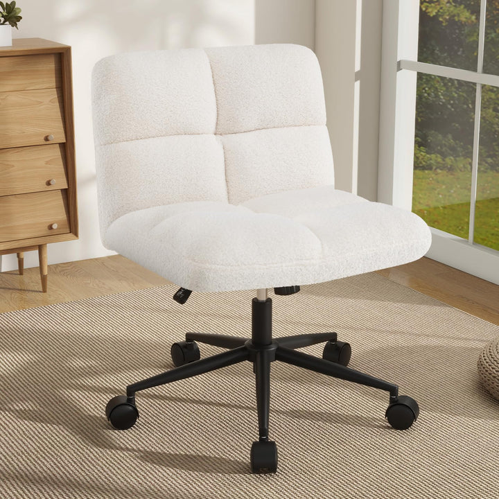 Giantex Criss Cross Chair with Wheels, Faux Fur Cross Legged Office Chair, Armless Wide Desk Chair