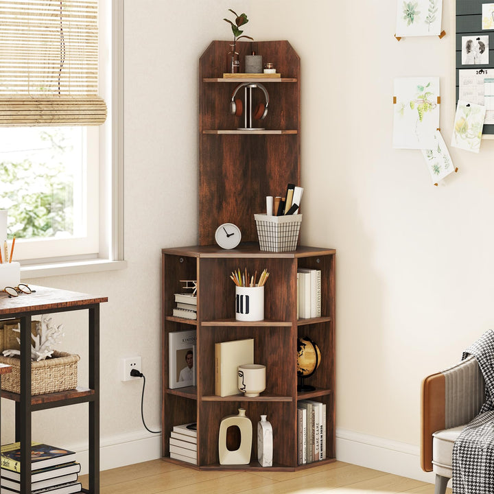 Giantex 6-Tier Corner Shelf with Charging Station, 63" Tall Corner Bookshelf with 2 USB Ports &amp; 2 Outlets
