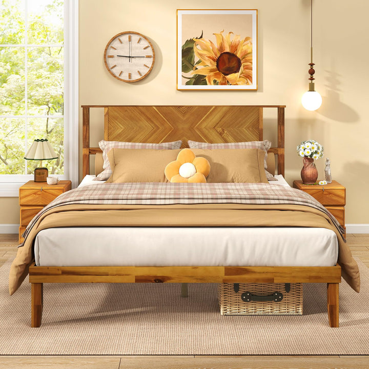 Giantex Queen/Full/Twin Size Acacia Wood Platform Bed Frame Mid-Century Modern Bed Frame with Headboard