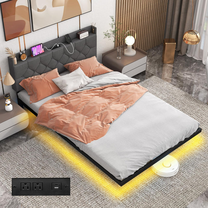 Giantex Queen/Full Size Floating Bed Frame with LED Lights, Modern Platform Bed with Adjustable Upholstered Headboard &amp; Charging Station