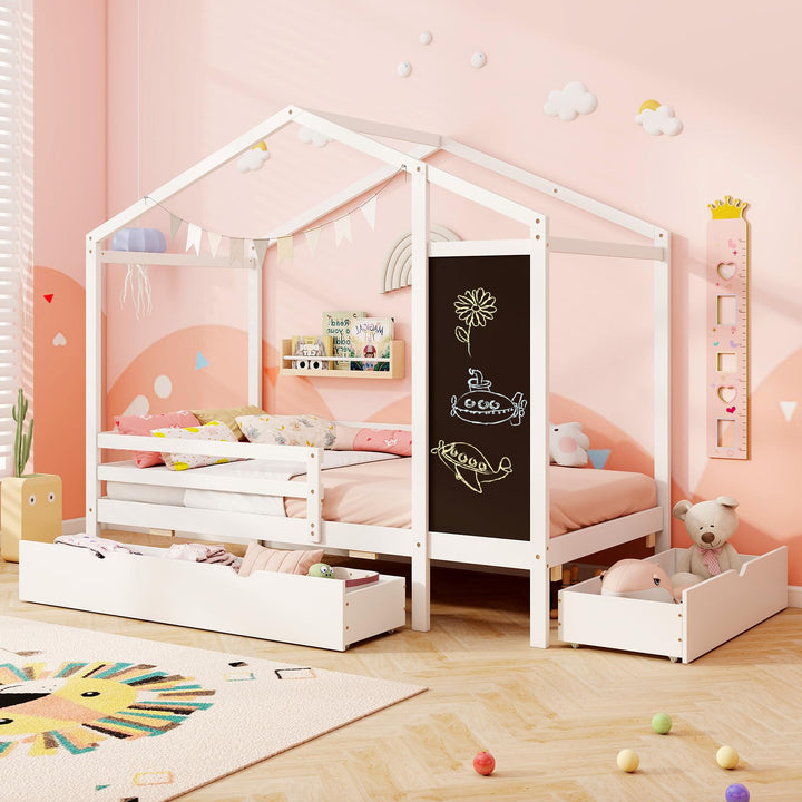Giantex Twin Bed with 2 Storage Drawers, Solid Wood House Bed with Blackboard &amp; Safety Guardrails
