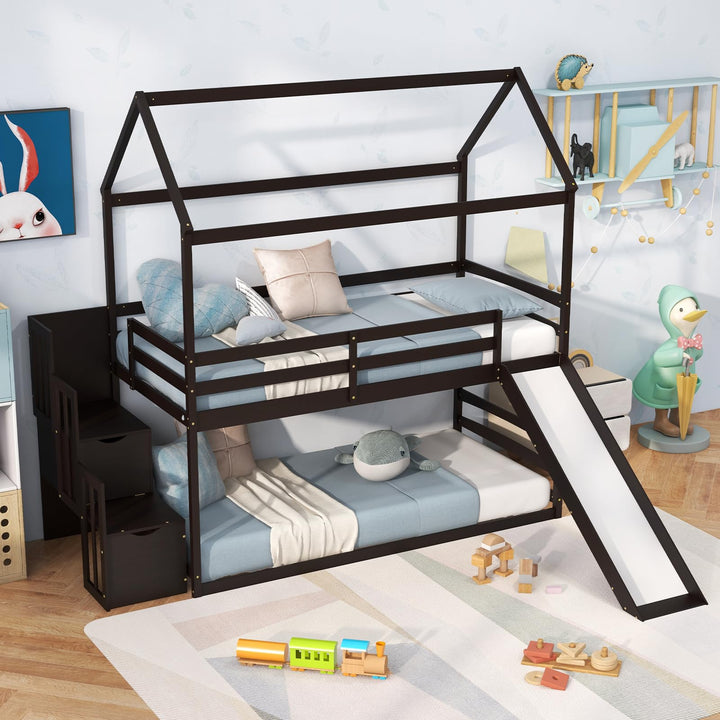 Giantex House Bunk Bed Twin Over Twin with Slide and Storage Stairs, Solid Wood Low Loft Bed Frame with Roof &amp; Guardrail