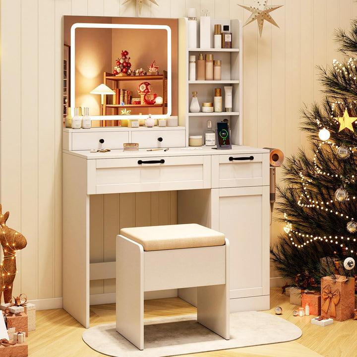 CHARMAID Vanity Desk with Lighted Mirror with Charging Station Storage Stool Drawers Shelves &amp; Cabinet