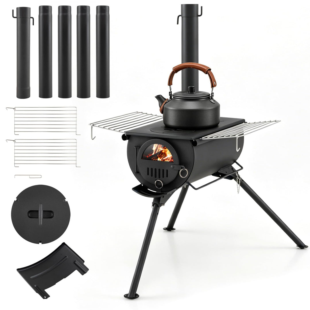 Giantex Hot Tent Stove Portable Wood Burning Stove w/ 5 Chimney Pipes