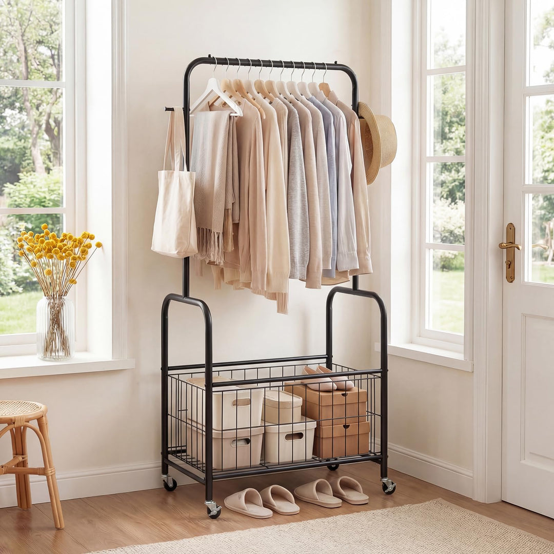 Giantex 35" Clothes Rack with Storage Basket &amp; Lockable Wheels