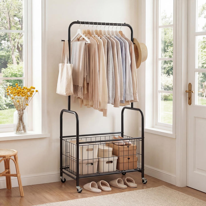 Giantex 35" Clothes Rack with Storage Basket &amp; Lockable Wheels