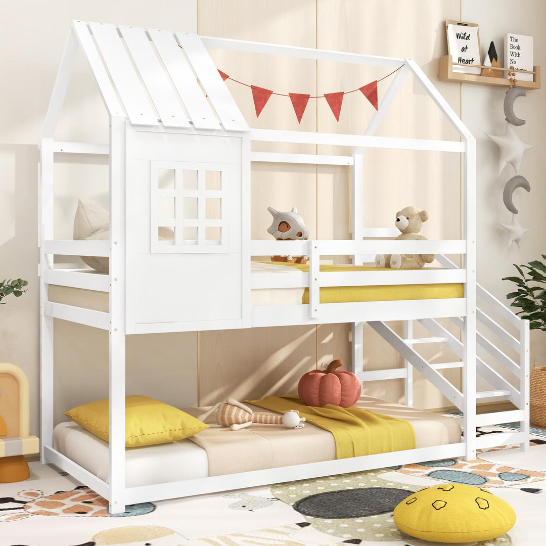 Giantex Twin Bunk Beds with Stairs, Floor House Bed with Roof &amp; Window
