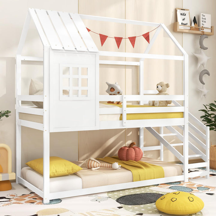 Giantex Twin Bunk Beds with Stairs, Floor House Bed with Roof &amp; Window