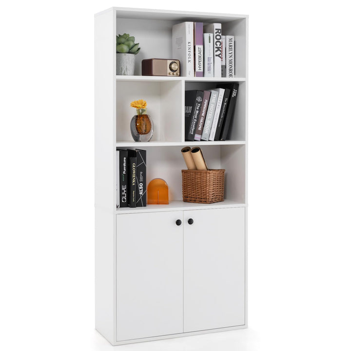 Giantex 3-Tier Bookcase with Doors, 61" Tall Bookshelf with 4 Open Cubes &amp; Adjustable Shelf, White