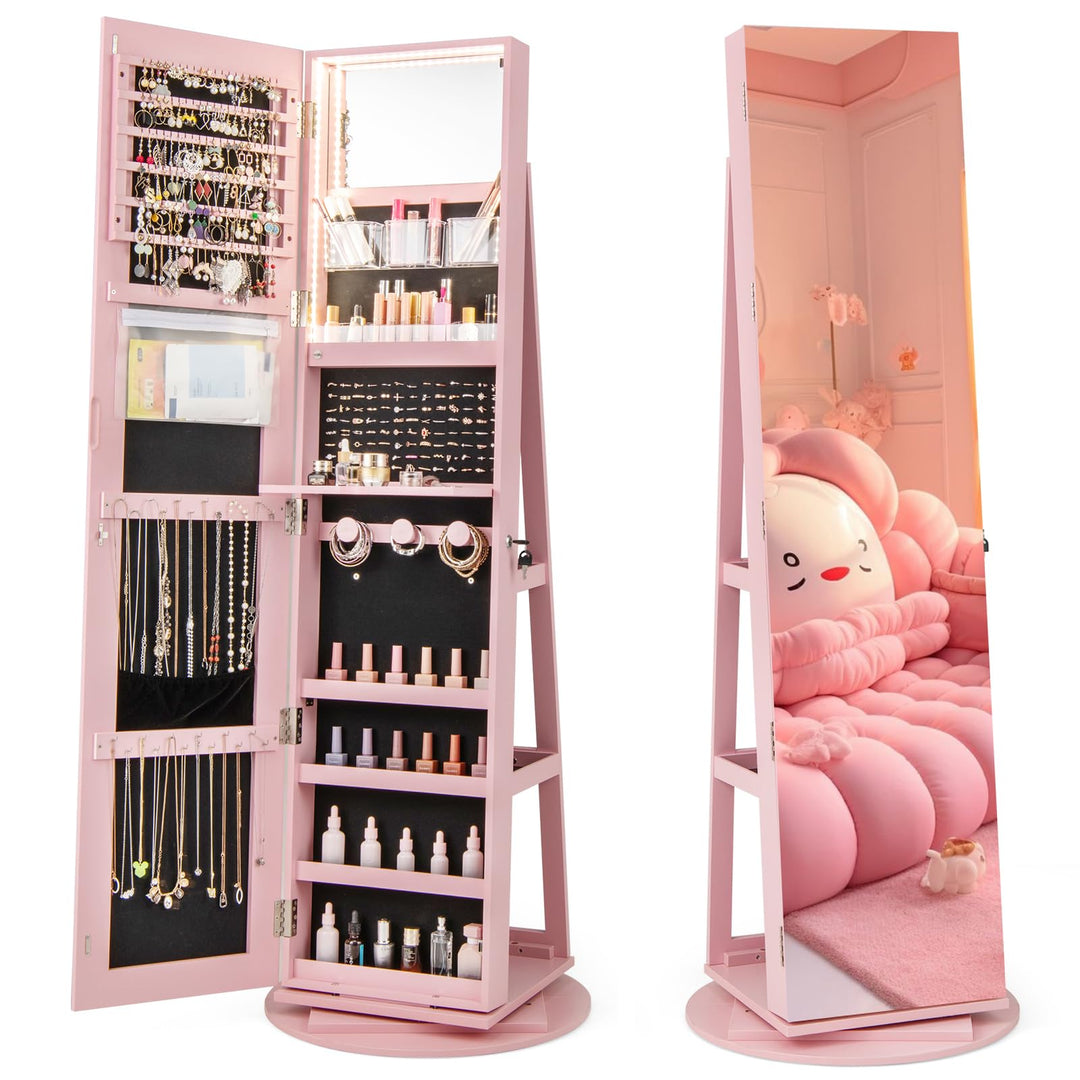 CHARMAID 63.5"H Jewelry Armoire with Full Length Mirror 360 Degree Swivel, 3-Color LED lights