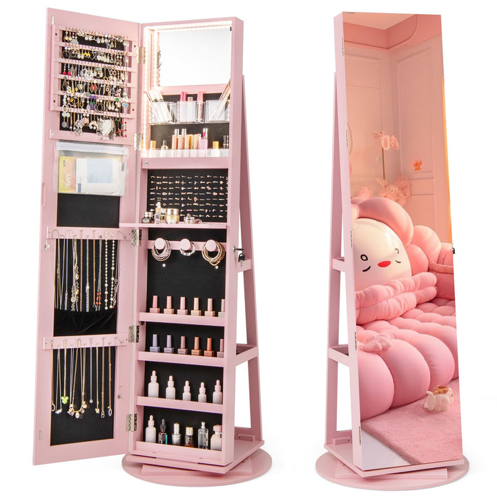 CHARMAID 63.5"H Jewelry Armoire with Full Length Mirror 360 Degree Swivel, 3-Color LED lights