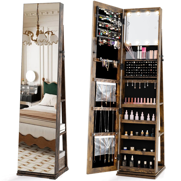 CHARMAID Swivel Jewelry Armoire with Full-Length Mirror &amp; Lighted Makeup Mirror