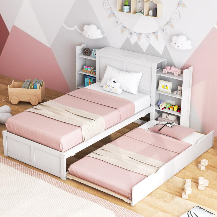 Giantex Full Bed Frame with Twin Trundle, Wooden Bed Wooden Bed Frame with 2 Rolling Bookcases &amp; High Headboard
