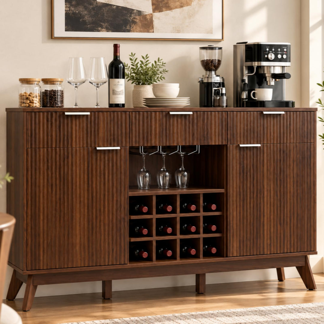 GIANTEX 60" Fluted Wine Bar Cabinet with 3 Stoarge Drawers &amp; Wine Rack Adjustable Shelves