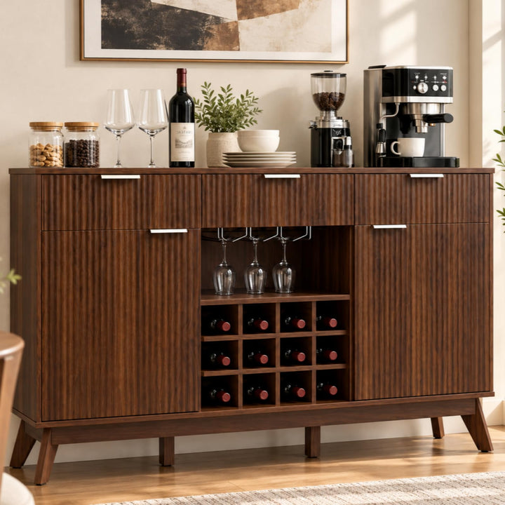 GIANTEX 60" Fluted Wine Bar Cabinet with 3 Stoarge Drawers &amp; Wine Rack Adjustable Shelves
