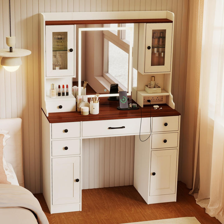 CHARMAID 41.5 Inch Makeup Dressing Table with Power Outlets and 3 Color Lighting Modes