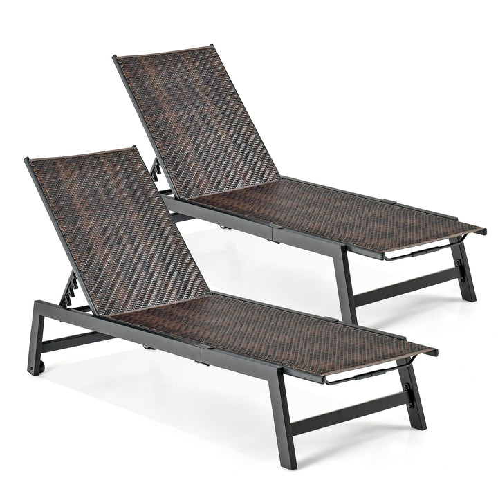 Giantex Patio Chaise Lounge Chair - Outdoor PE Rattan Recliner Chair with Wheels, 5-Position Adjustable Backrest