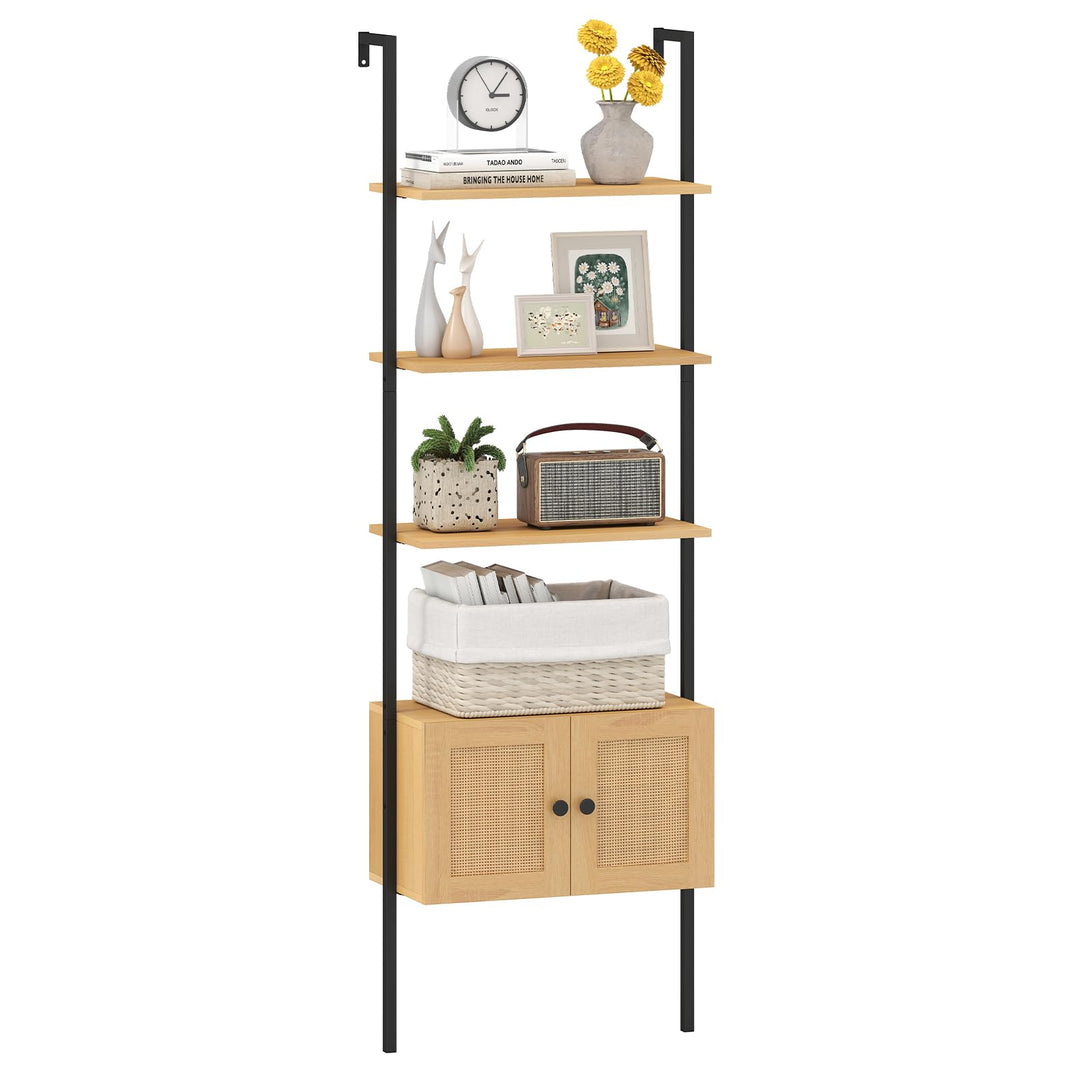 Giantex 72.5" Tall Wall-Mounted 5-Tier Ladder Bookcase with Rattan Cabinet