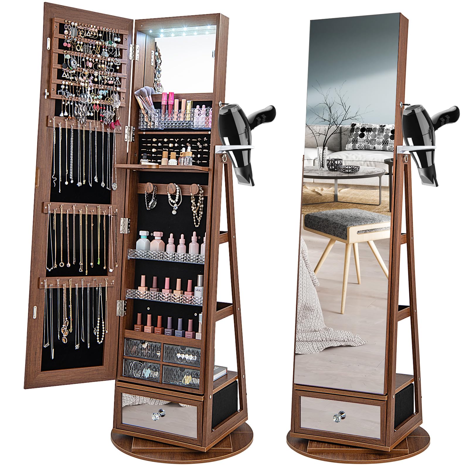 360° Swivel Jewelry Cabinet Armoire with 64.5" H Full Length Mirror - Giantex