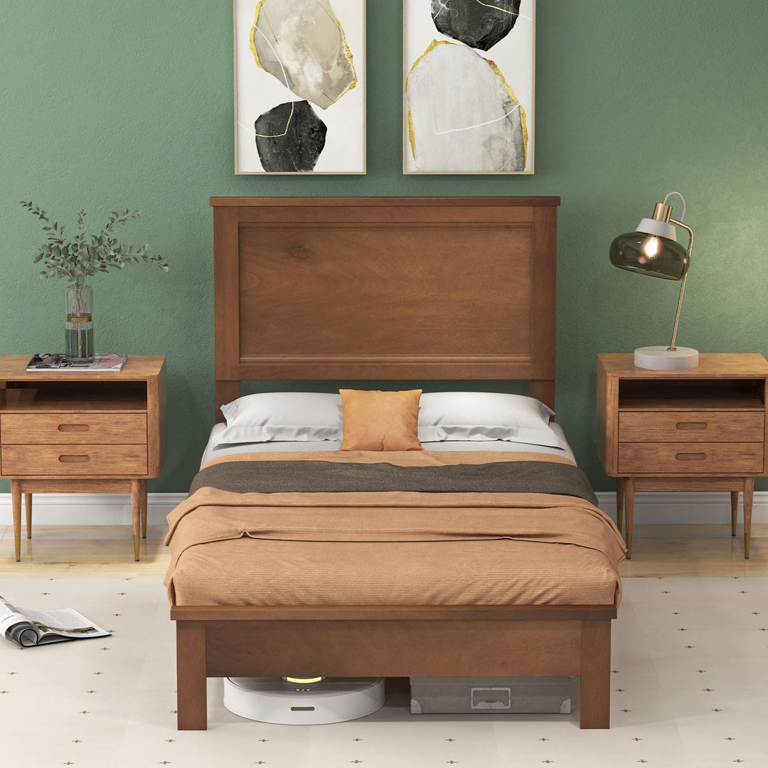 Queen/Full/Twin Size Platform Bed w/ Rubber Wood Legs &amp; Integrated Headboard | Wooden Bed Frame