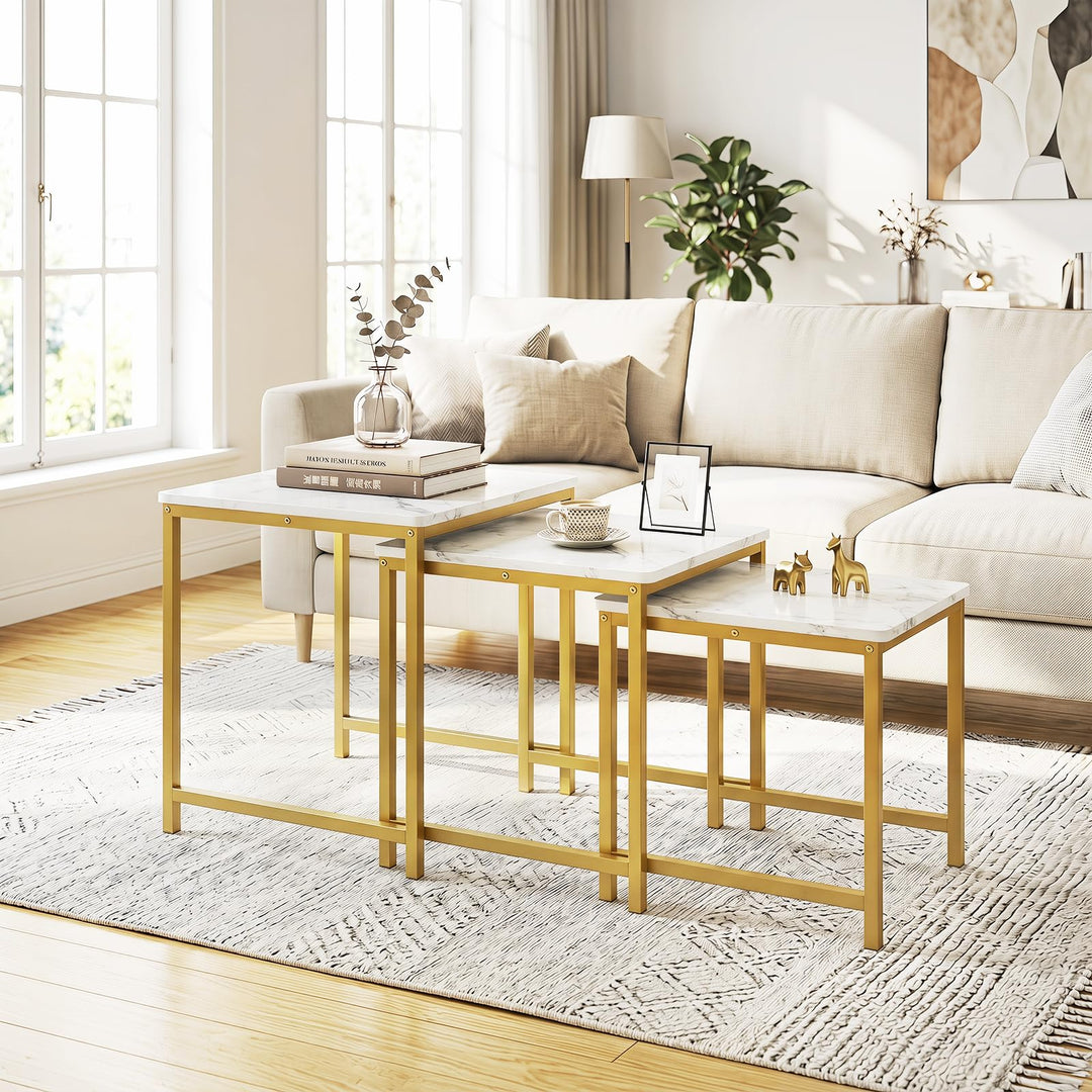 Giantex Nesting Coffee Table Set of 3 | Faux Marble Coffee Table with Metal Frame