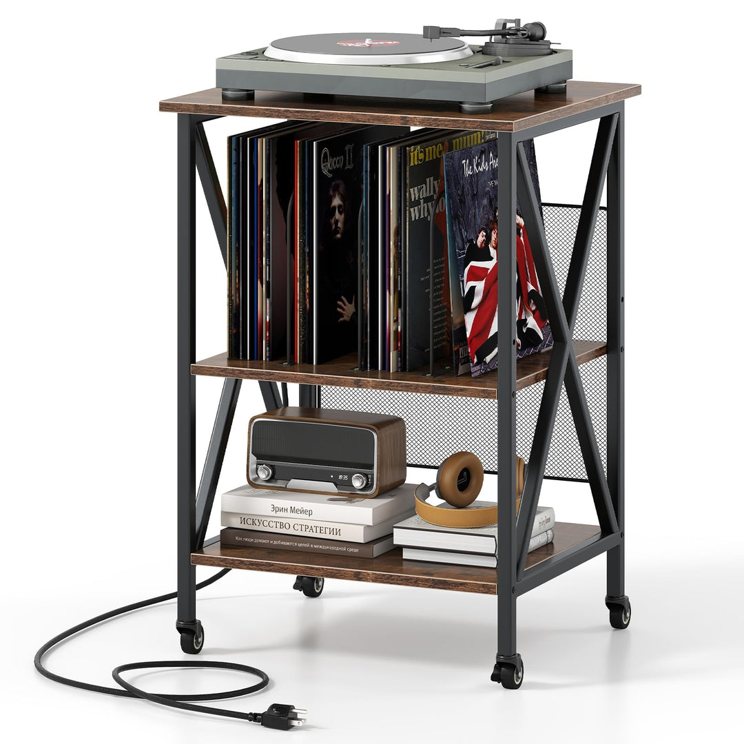 Giantex Record Player Stand with Charging Station Turntable Stand with Record Storage &amp; 4 Rolling Wheels