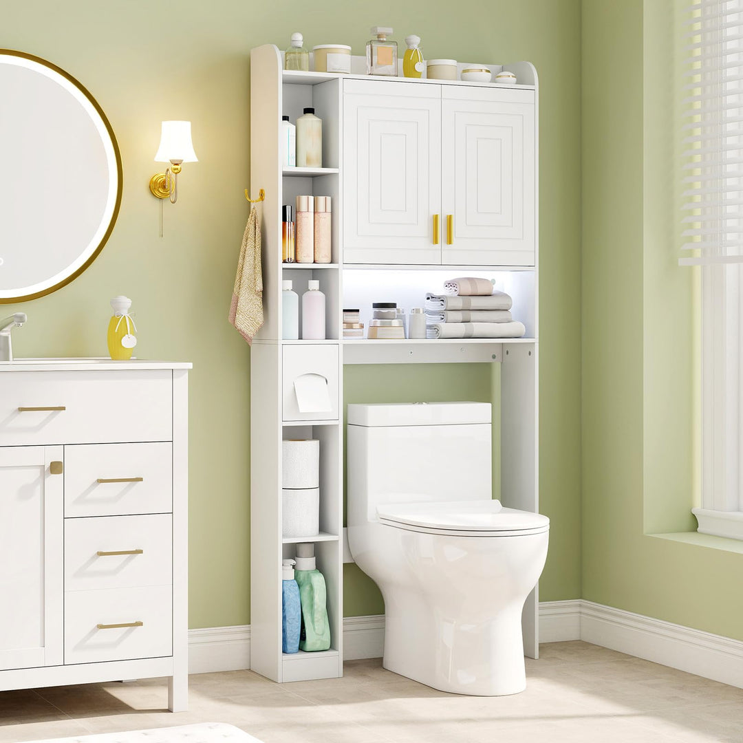Giantex Over The Toilet Storage Cabinet with LED Light Doors Toilet Paper Holder