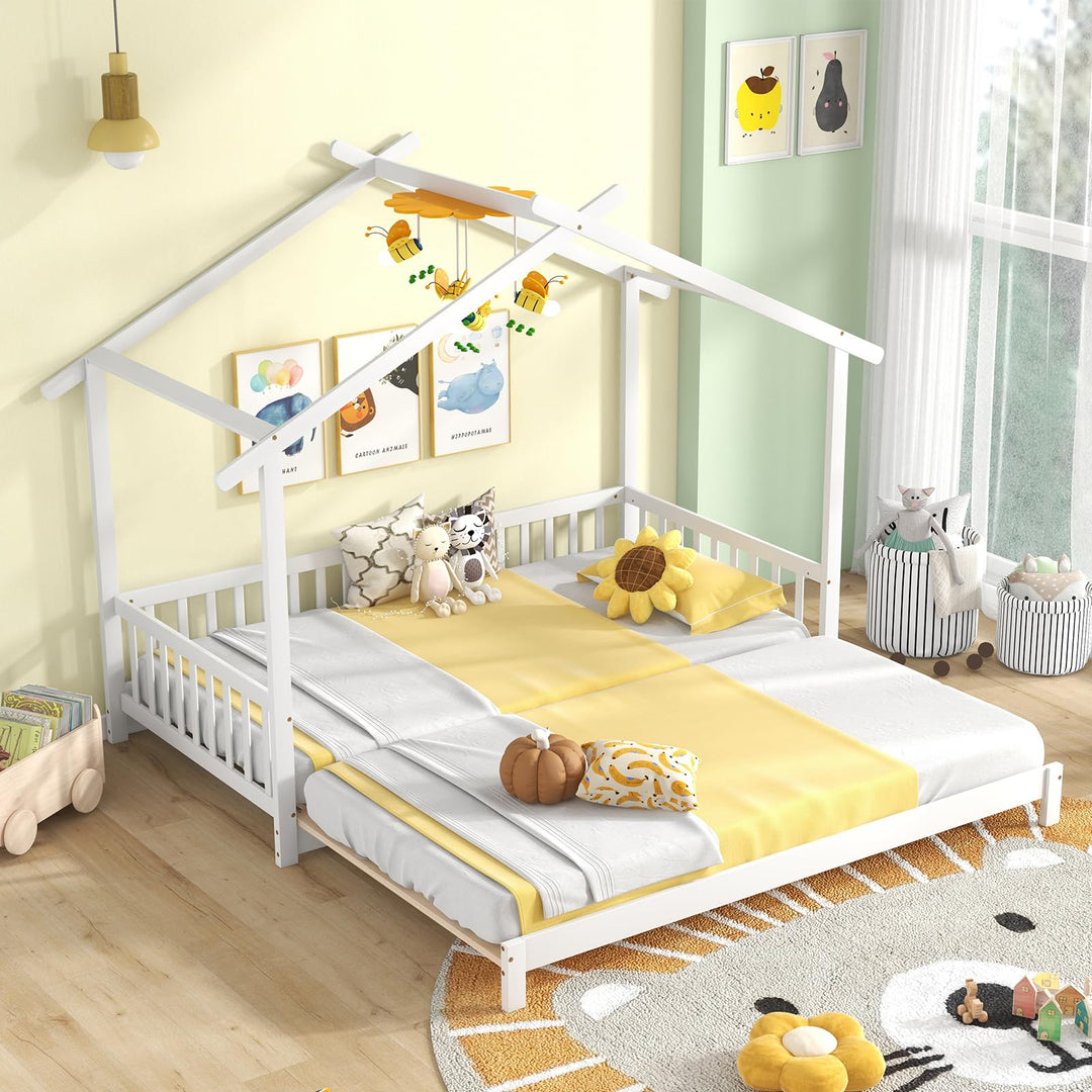 Giantex Extendable House Bed for Kids, Twin to King Daybed with Roof &amp; Fence Rails, Wood Kids Bed Frame for Teens