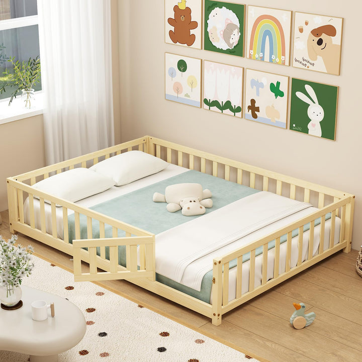 Giantex Full Size Floor Bed for Kids, Montessori Floor Bed with Wood Slats &amp; Safety Guardrails