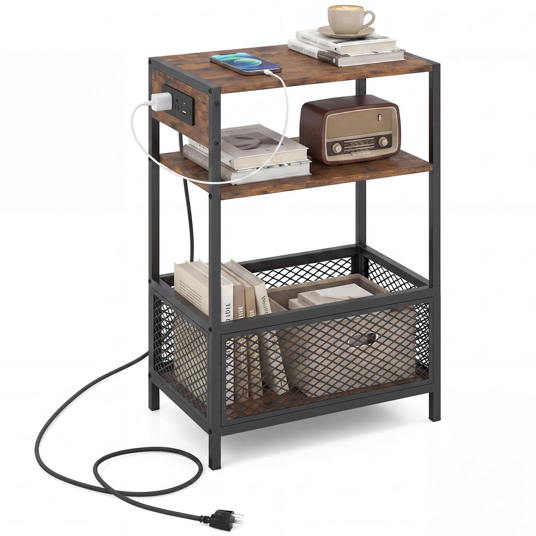 Giantex 3-Tier End Table w/Metal Mesh Compartment &amp; 2 AC Outlets (1/2)