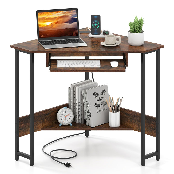 Giantex Small Corner Desk with Charging Station with Keyboard Tray &amp; Storage Shelf