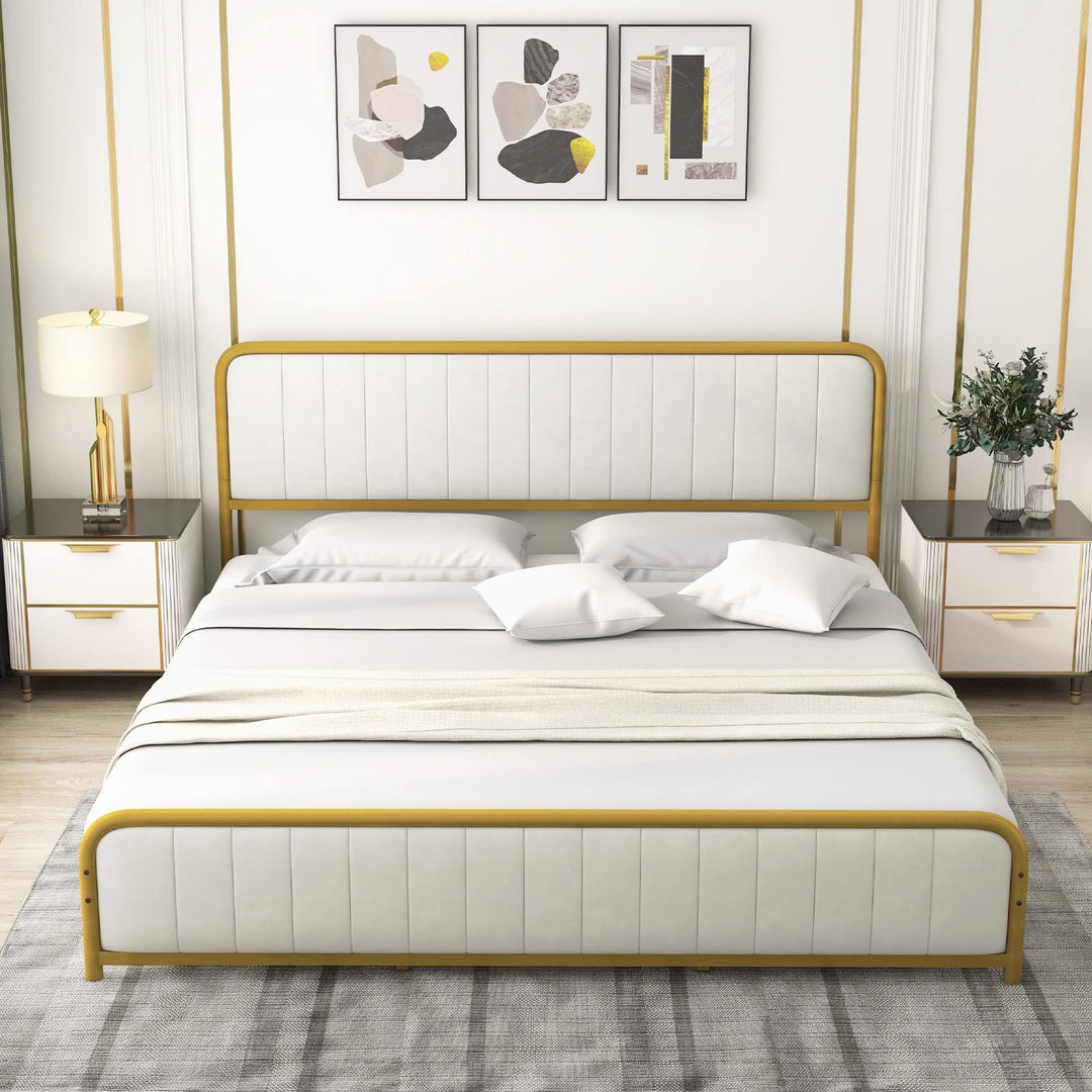 Giantex Twin Size Gold Bed Frame with Velvet Headboard and Footboard, Heavy-duty Metal Slats Support Mattress Foundation