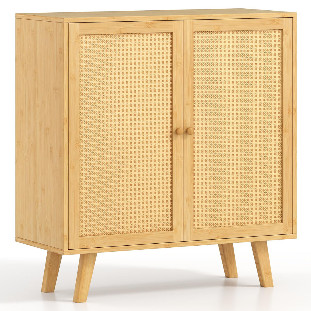 Giantex 2 Tier Bamboo Sideboard with PE Rattan Decorated Doors