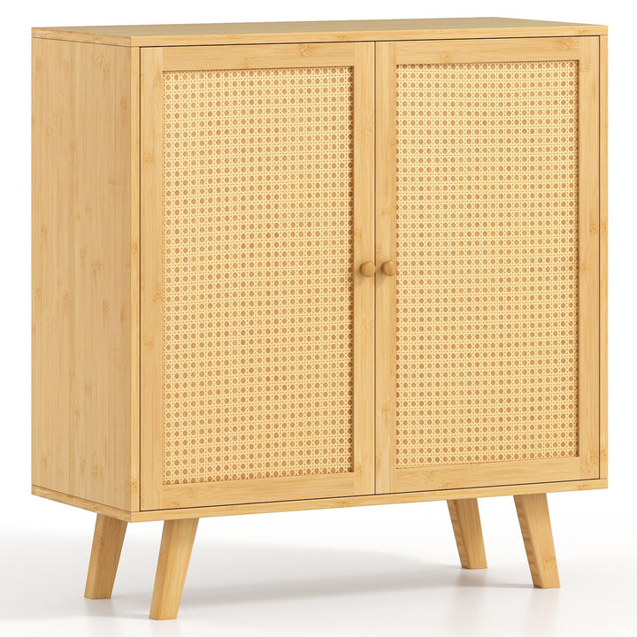 Giantex 2 Tier Bamboo Sideboard with PE Rattan Decorated Doors