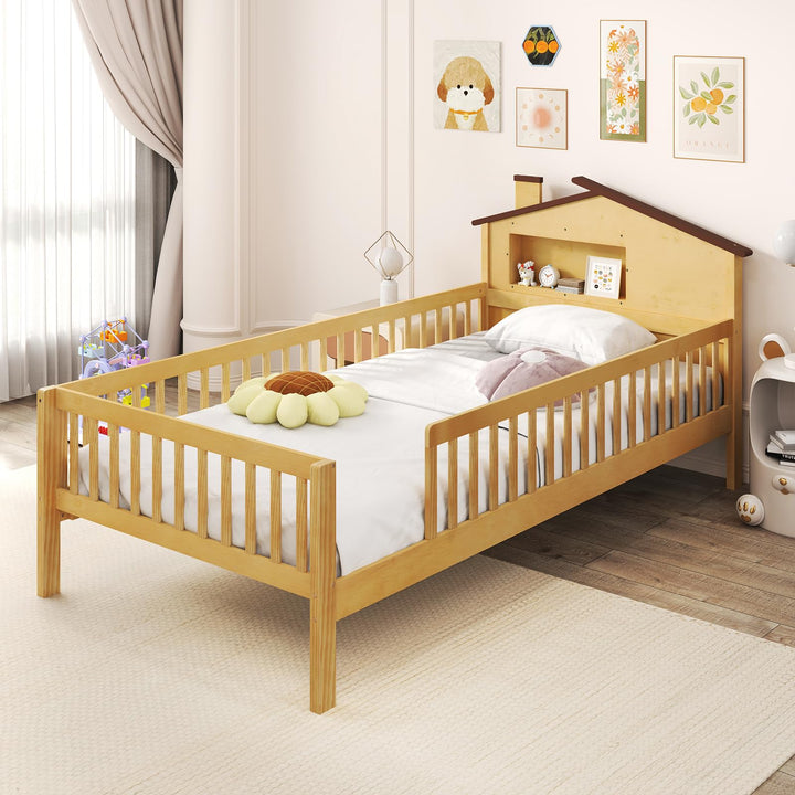 Giantex Twin Bed Frames for Kids, Solid Wood Montessori Bed with House-Shaped Headboard &amp; Built-in Storage Shelf