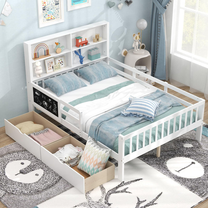 Giantex Full/Twin Size 2 Storage Drawers, Solid Wood Kids Bed Frame w/Bookcase Headboard &amp; Blackboard