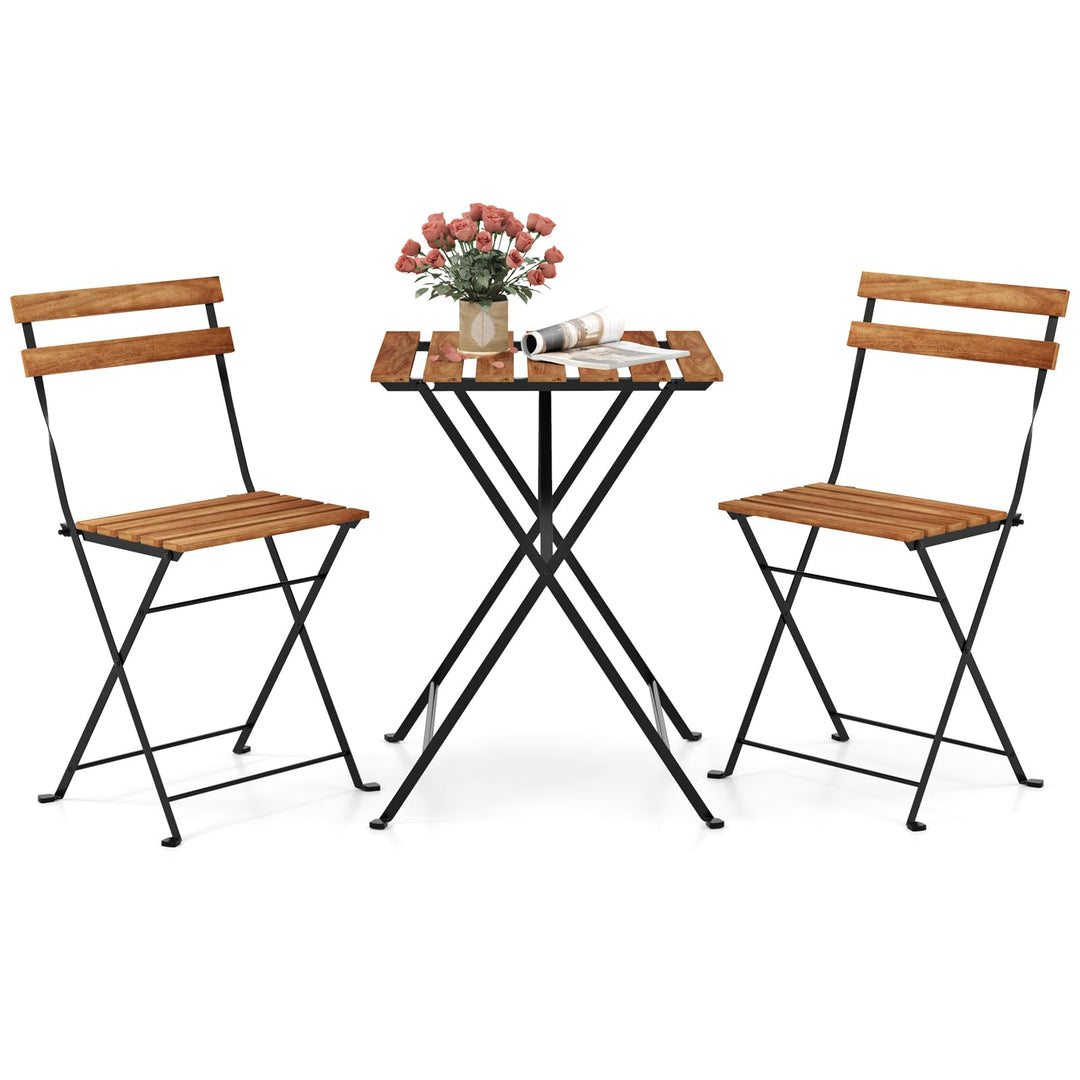 Giantex 3-Piece Acacia Wood Bistro Set with 2 Folding Chairs, Slatted Seat &amp; Tabletop