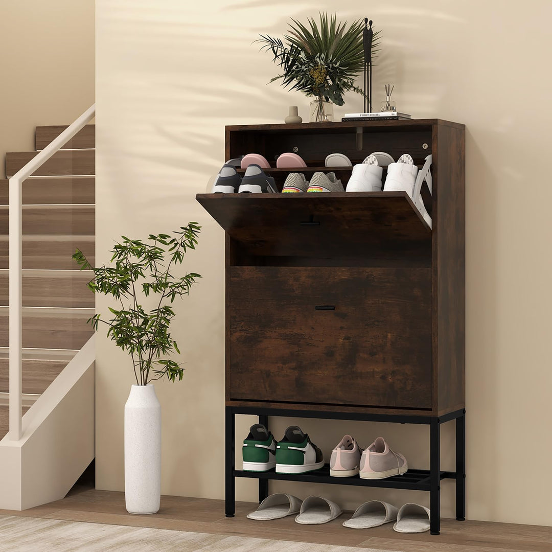 Giantex Shoe Storage Cabinet - Hidden Shoe Organizer with 2 Flip Drawers, Adjustable &amp; Removable Interior Shelves
