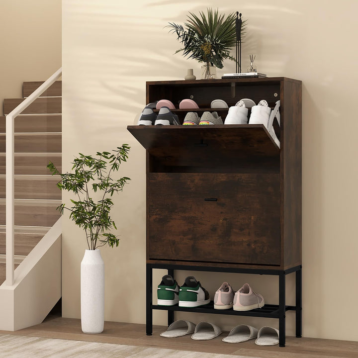 Giantex Shoe Storage Cabinet - Hidden Shoe Organizer with 2 Flip Drawers, Adjustable &amp; Removable Interior Shelves