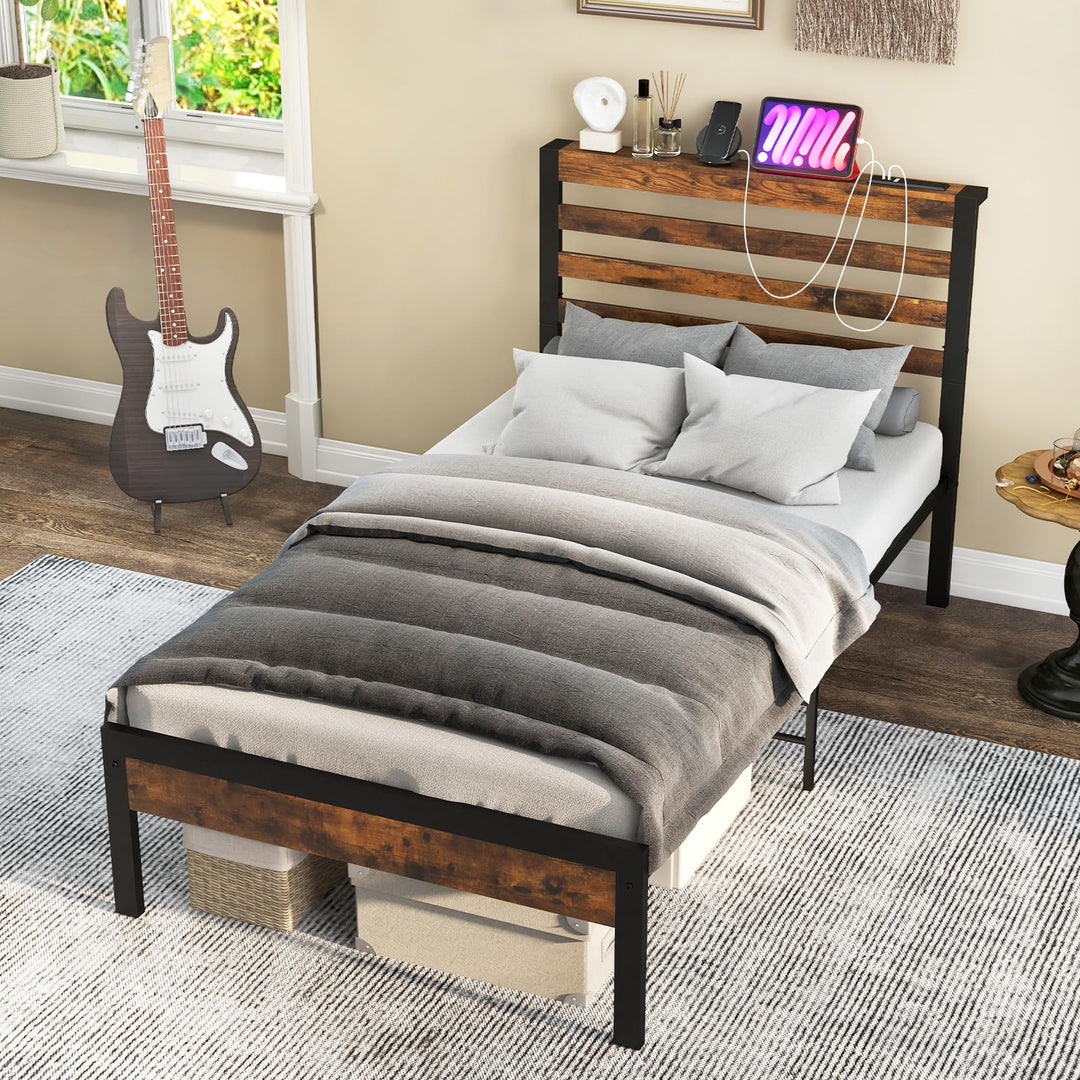 Giantex Queen Metal Platform Bed Frame with Wooden Headboard &amp; Footboard, Rustic Brown
