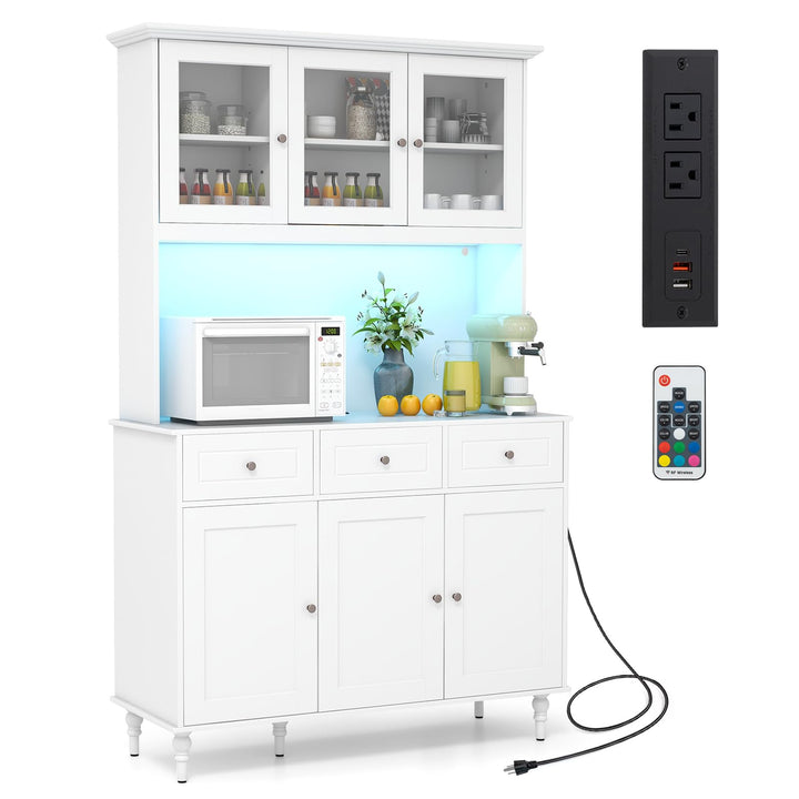 Giantex Pantry Cabinet, 77” Tall Buffet Cabinet with Hutch, LED Lights &amp; Charging Station